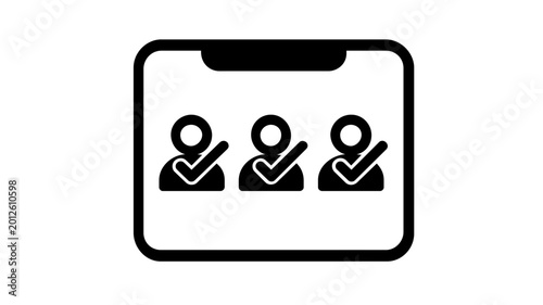 Vector illustration of a minimalist clipboard icon featuring three user avatars with checkmarks, representing an editorial board, team selection, verified members, or recruitment process.