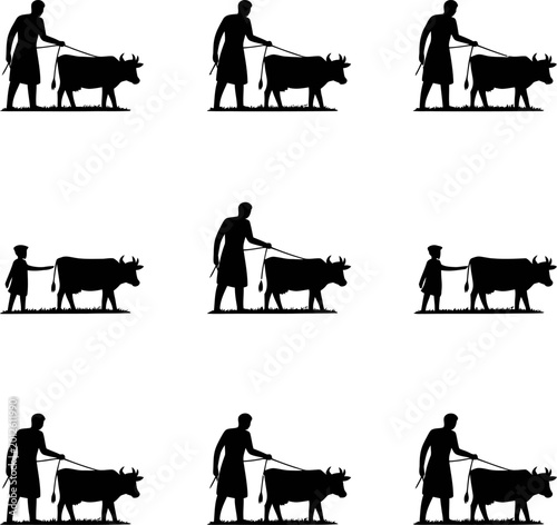 Cow Herding Farmer Silhouette Collection Rural Village Livestock Vector Set