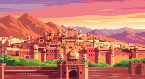 Schilderij op canvas Vibrant vector illustration of an ancient Indian city at sunset with majestic fo
