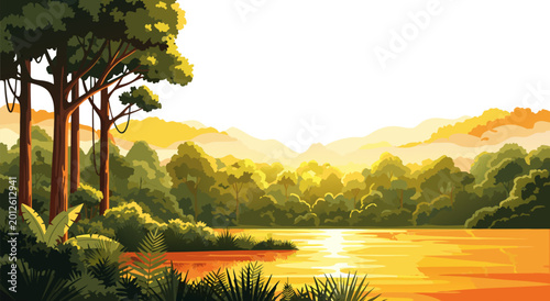 Bild auf Leinwand Vivid vector illustration capturing the tranquil beauty of a tropical jungle riv
