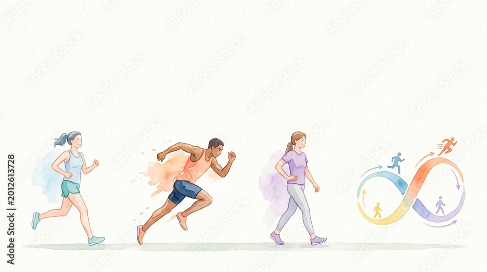 Fototapeta premium Three people walk, jog, and sprint, illustrating a continuous cycle of physical activity