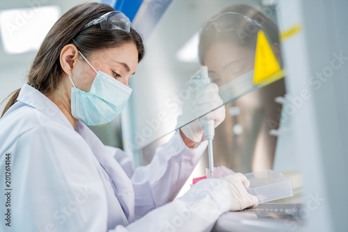 Scientist conducts experiments with pipette in laboratory during working hours