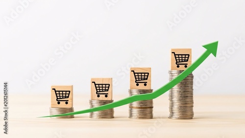 Business Growth Concept with Stacked Coins Increasing in Height and Green Arrow Showing Upward Trend for Financial Success and Investment Growth