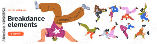 Breakdance, street style set. Young people in cool poses, urban youth culture. Male and female dancers performing hip-hop moves, dancing to music. Flat vector illustration isolated on white background