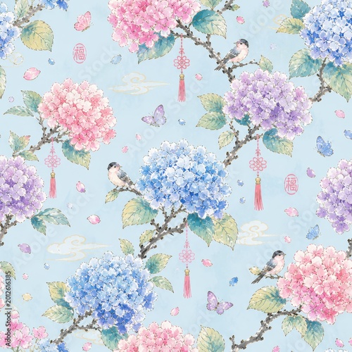 Hydrangea and Bird Seamless Floral Pattern