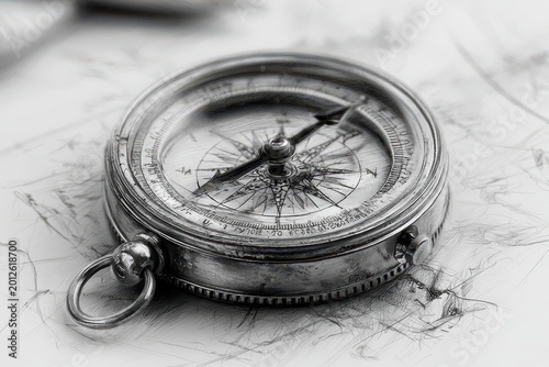 Vintage brass compass resting on a sketched map, symbolizing exploration, direction, and adventure.