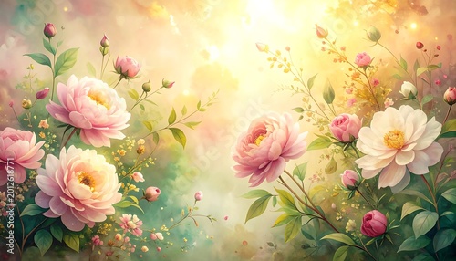 A pastel painting presents lush blossoms in shades of pink and cream amidst verdant foliage with a soft, ethereal glow