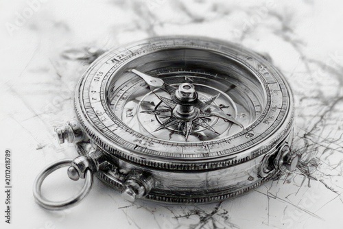 Vintage silver compass with intricate details, resting on a sketched map, symbolizing exploration and direction.
