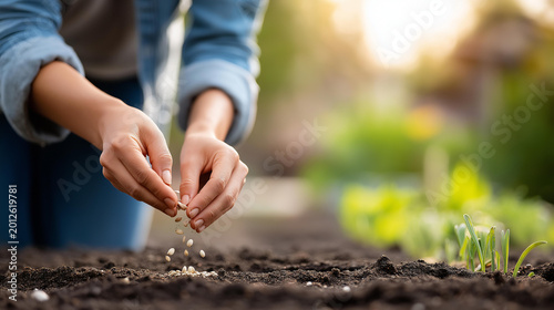 Close-up of a woman's hand sprinkling seeds into dark soil, organic farming concept, spring sowing season, hands in garden photography, defocused background, with copy space