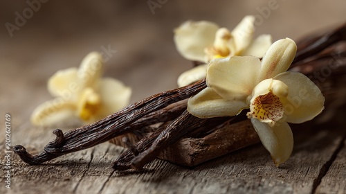 Close-up of vanilla beans with vanilla orchid flowers on a warm wooden surface