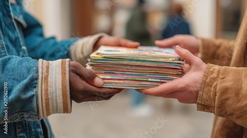 Hands exchange colorful postcards in a blurred urban background