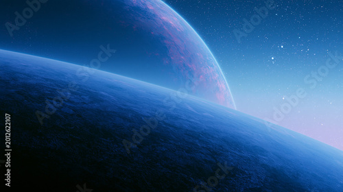 Giant Blue Planet Rising Above Curved Alien Horizon
