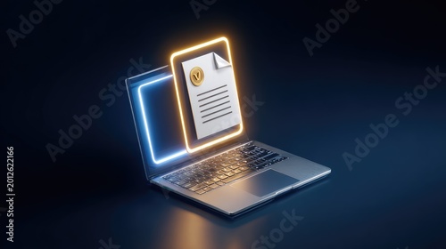 Laptop screen displays digital document with glowing emblem; neon outline