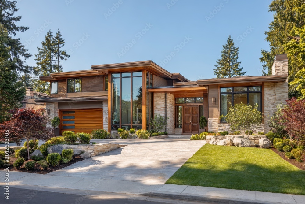 Fototapeta premium Contemporary exterior of a luxury house with pristine lawn, stone pathway, and vibrant landscaping
