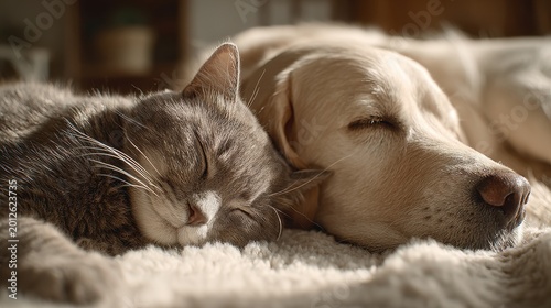 Cozy nap time: a cat and a dog sleeping together on a soft blanket