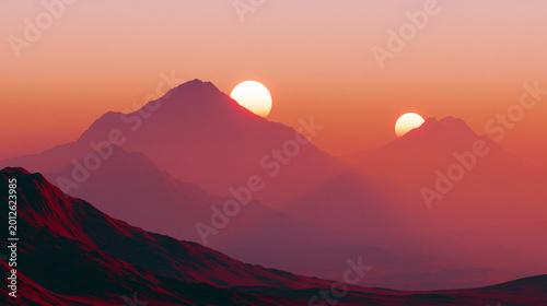 Alien Planet with Two Suns Setting, Orange Sky, Long Shadows and Cinematic Sci-Fi Desert Landscape