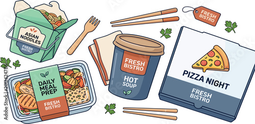 Takeaway food delivery packaging set with pizza box noodles soup and meal prep vector illustration.