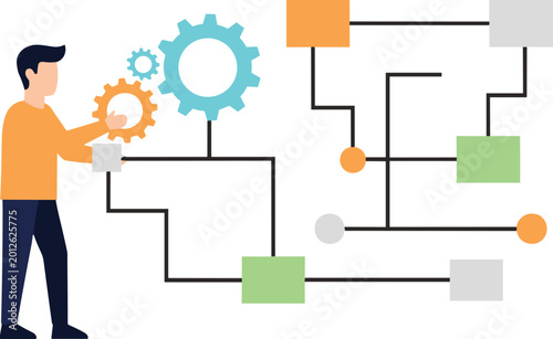 Photos Business professional managing complex technical workflow featuring gear icons and colorful interconnected nodes for systematic process engineering