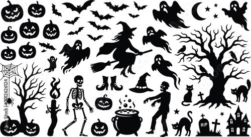 halloween silhouettes set with pumpkins bats and spooky elements