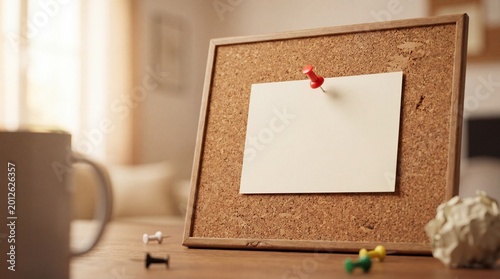 фотографія Blank note paper pinned with a red thumbtack on a wooden cork board, ready for important messages or reminders