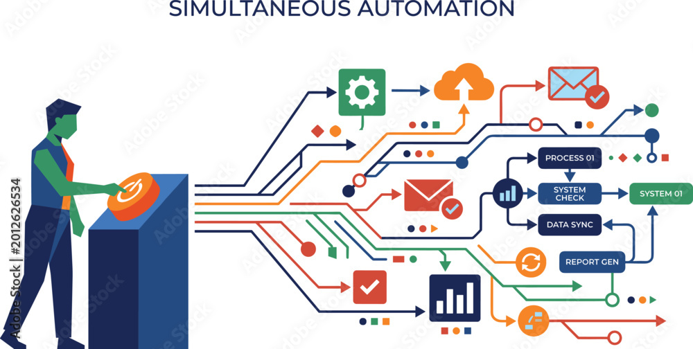 Fototapeta premium Professional businessman activating a high tech automation console to trigger complex digital workflows and integrated cloud data processes.