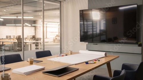 Modern empty meeting room with large TV screen and conference table, ready for business.