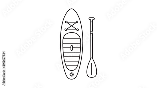 Fotografi Minimalist vector icon illustration of a paddleboard for stand-up paddling on water, featuring an editable stroke and adjustable line weight for customizable professional sport graphic design