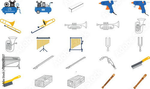 Canvas Print Vector icon set of 23 hand-drawn musical instruments and industrial tools including trumpet, trombone, tuba, air compressor, and welding torch with editable stroke and adjustable line weight