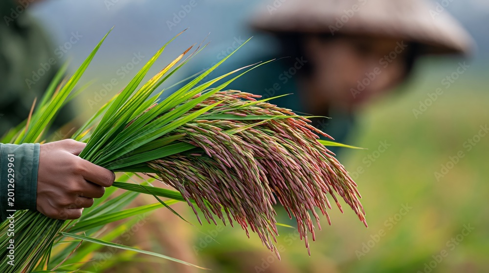 Naklejka premium Close-up of hands holding freshly harvested rice stalks with a blurred figure in traditional conical hat working in a lush green rice field during harvest season
