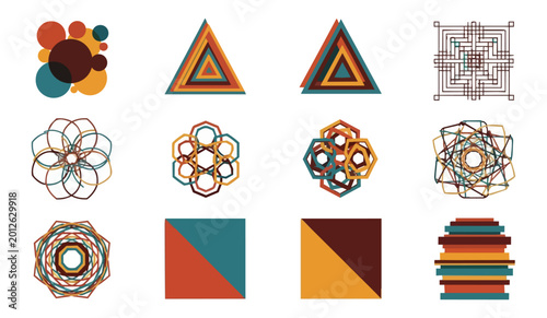 Geometric shapes collection graphic design elements on black background