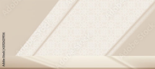 Eid Islamic background with minimal arabesque pattern, soft shadow light on wall room. Ramadan al fitr decorative template in 3D style,elegant ornament design for banner,branding festive presentation