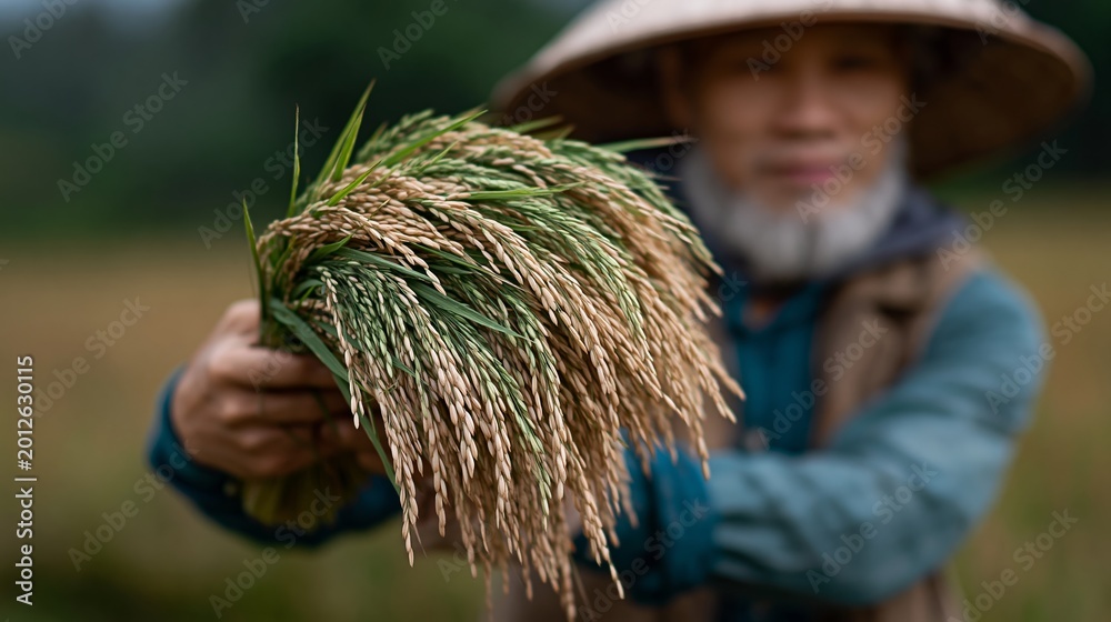 Obraz premium Elderly Asian farmer wearing straw hat holds freshly harvested rice stalks in a lush green rice field, with blurred background of agricultural landscape