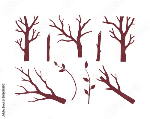 Obraz na płótnie Minimalist bare tree silhouettes, dark brown winter branch vector set, leafless