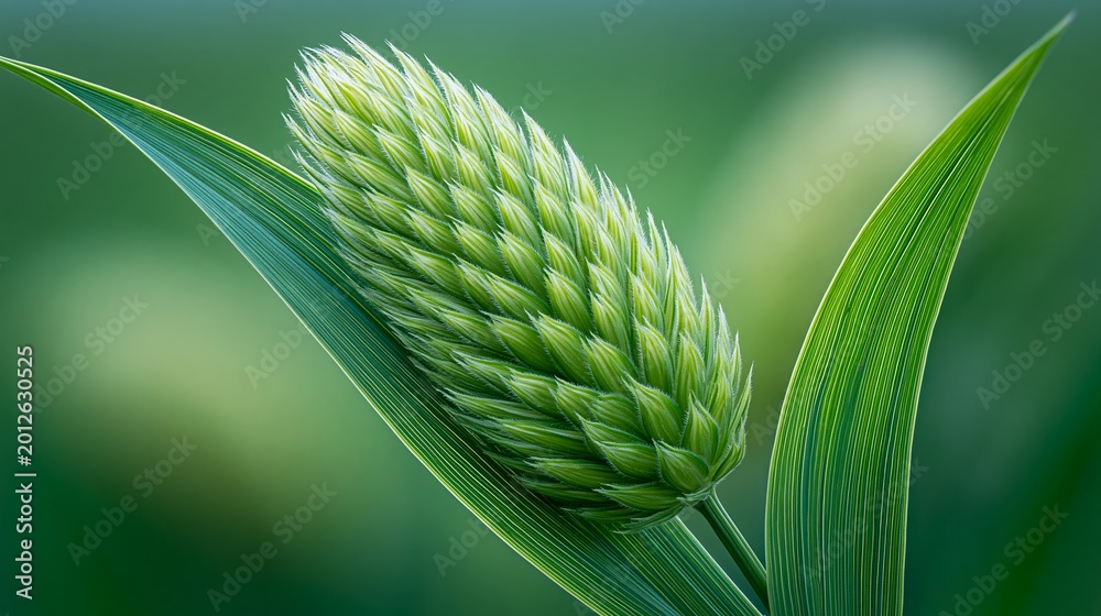Fototapeta premium Close-up of green wheat ear with leaves against a blurred green background, showcasing the details of the grain and foliage in a natural setting