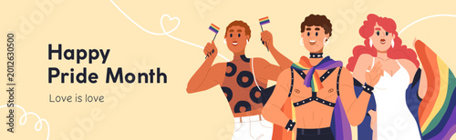 Happy Pride Month banner. People at LGBT love parade celebration with rainbow...