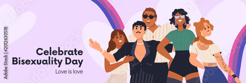 Bisexuality day banner. Happy bisexual people at LGBT love parade celebration...