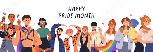 Happy Pride Month banner with LGBTQ people community, rainbow flag. LGBT love...