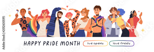 Happy LGBT people celebrating Pride Month, banner with lettering. LGBTQ commu...
