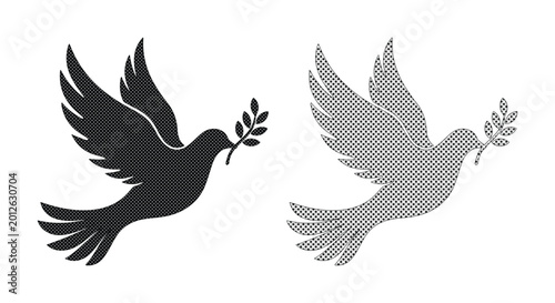 Εκτύπωση καμβά Peace dove silhouette with olive branch, flying pigeon bird vector icons, black