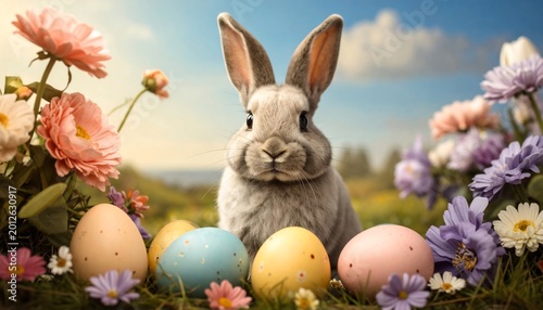 Cute Easter Bunny in Flowers.