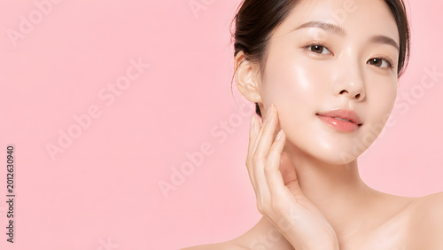 Glass skin and radiant complexion result, close-up of woman with translucent glowing skin after glutathione treatment, luxury beauty advertising with massive copy space.