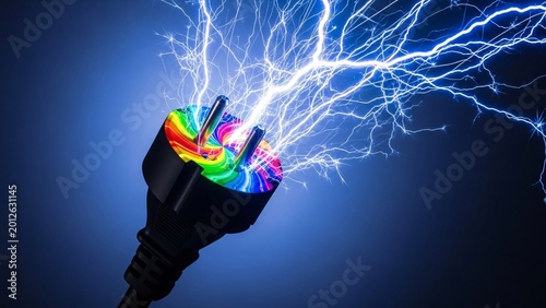 Electric lightning striking from a colorful LED light bulb with vibrant rainbow colors illuminating the dark background creating a dynamic and energetic visual effect for innovative technology themes