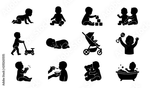 Tableau sur toile ​Infant and Baby Care Silhouette Icon Set Featuring Toddler Development Stages,