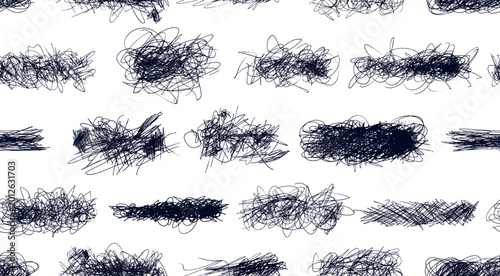 Foto Seamless pattern tangled chaotic crazy lines set with random black scribble elements