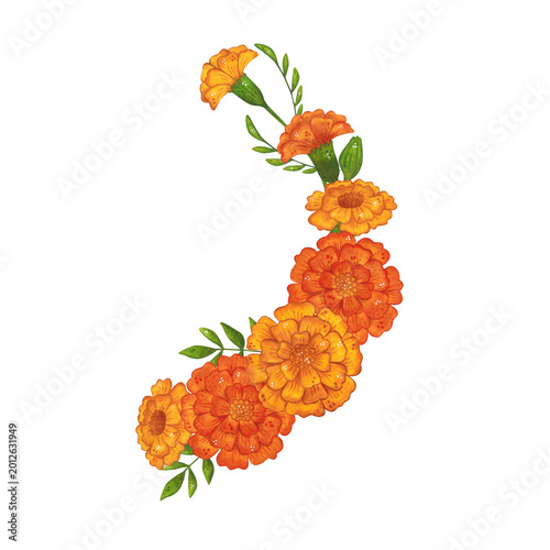 A round arrangement of marigold flowers and leaves. Hand-drawn watercolor illustration, cartoon. Suitable for invitations, posters, cards, or prints. Summer, plants, flowers