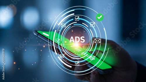 Digital marketing advertising mobile phone marketing strategy digital advertising concept showing a hand holding a smartphone with ADS text and icons