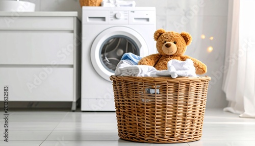 Teddy Bear in Laundry Basket.