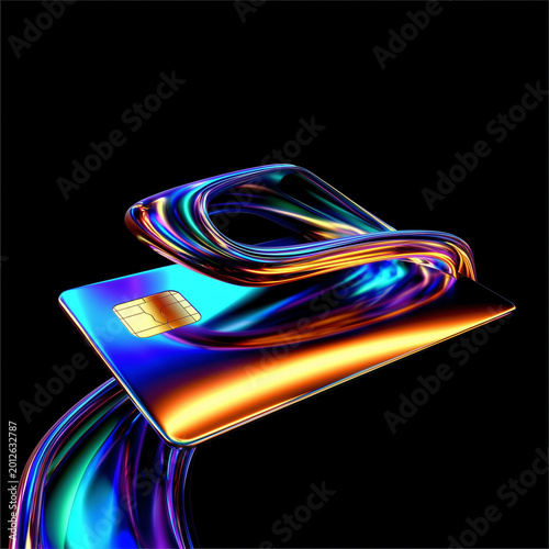 Futuristic Abstract Credit Card with Holographic Colorful Liquid Waves Motion on Black Background
