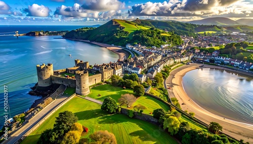 Historic stone castle on a rocky coastline overlooking a coastal town and bay at sunset, scenic landscape, vacation destination
