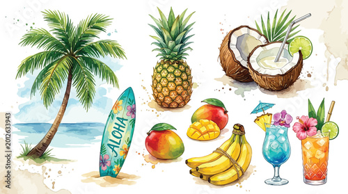 Watercolor tropical scene with palm tree, ocean, surfboard, fruits, and refreshing drinks.